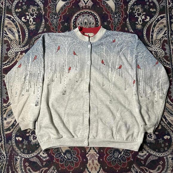 Vintage 80s Red Cardinal Bird Sweatshirt Sz M Snow Tree AOP Buttons Pockets USA - Picture 1 of 9